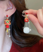 New Red Alloy Zircon Pearl Lion Dance Blessing Bag Tassel Drop Earrings